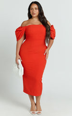 Lohan Midi Dress - Off Shoulder Puff Sleeve in Orange