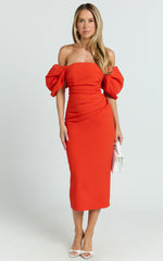 Lohan Midi Dress - Off Shoulder Puff Sleeve in Orange