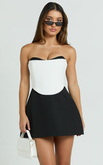 Loissa Mini Dress - Strapless Corset Waist Contrast Colour Tulip Skirt Dress in Black