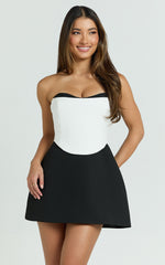 Loissa Mini Dress - Strapless Corset Waist Contrast Colour Tulip Skirt Dress in Black