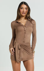 Lola Mini Dress - Long Sleeve Concealed Placket Front Faux Wrap Dress in Chocolate