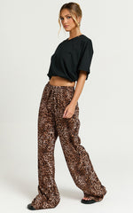 Lopez Linen Blend Pants - Elasticated Straight Leg Pants in Tonal Leopard Print