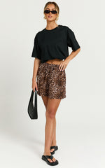 Lopez Linen Blend Shorts - High Waisted Shorts in Tonal Leopard Print