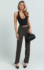 Lorena Pants - Low Rise Slim Straight Leg Pants in Dark Brown