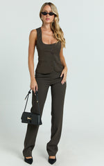 Lorena Pants - Low Rise Slim Straight Leg Pants in Dark Brown