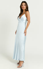 Lorenzia Maxi Dress - Plunge Corset Underbust Detail Satin Dress in Light Blue