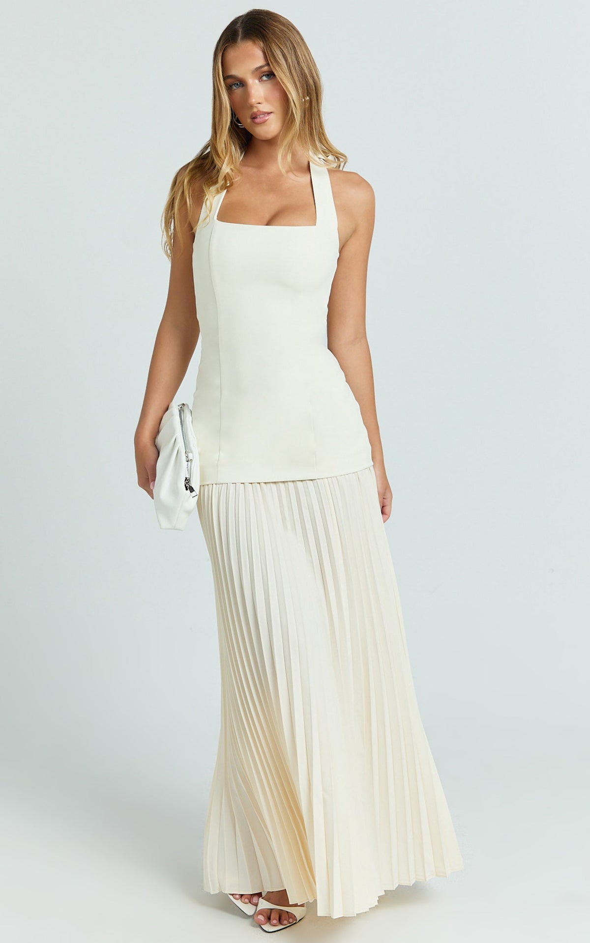Loretta Maxi Dress - Contrast Halter Neck Pleated Dress in Pastel Yellow