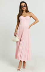 Loretta Midi Dress - Lace Up Back Bustier Pleated Dress in Soft Pink