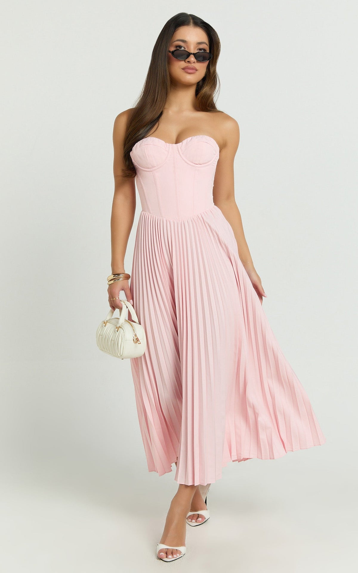 Loretta Midi Dress - Lace Up Back Bustier Pleated Dress in Soft Pink