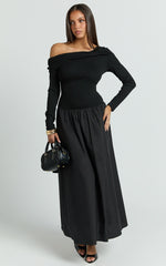 Lorna Midi Dress - One Shoulder Long Sleeve Dress in Black