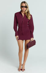 Lorrie Mini Dress - Long Sleeve Shirt Dress in Wine