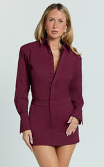 Lorrie Mini Dress - Long Sleeve Shirt Dress in Wine