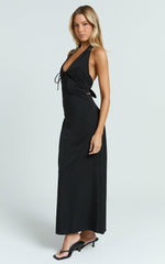 Lorvie Maxi Dress - Halter Plunge A Line Dress in Black