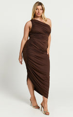 Lovlin Midi Dress - One Shoulder Ruched Dress in Chocolate
