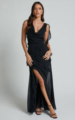 Lowen Maxi Skirt - High Waist Frill Thigh Split Skirt in Black