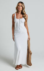 Lucas Midi Dress - Ruched Bust Linen Dress in White