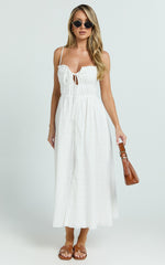 Lucienne Midi Dress - Ruched Button Up Front Dress in White