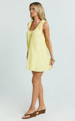 Lucinda Mini Dress - Deep U Gathered Neck Smock Dress in Lemon