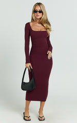 Lucy Midi Dress - Ribbed Side Ruched Bodycon Dress in Wine