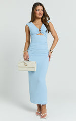 Lucy Midi Dress - Neck Fitted Skirt Dress in Blue