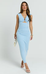 Lucy Midi Dress - Neck Fitted Skirt Dress in Blue