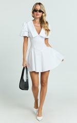 Lucy Mini Dress - Deep V Oversized  Collar Puff Sleeve A Line Dress in White