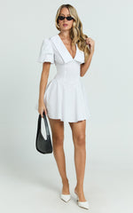 Lucy Mini Dress - Deep V Oversized  Collar Puff Sleeve A Line Dress in White