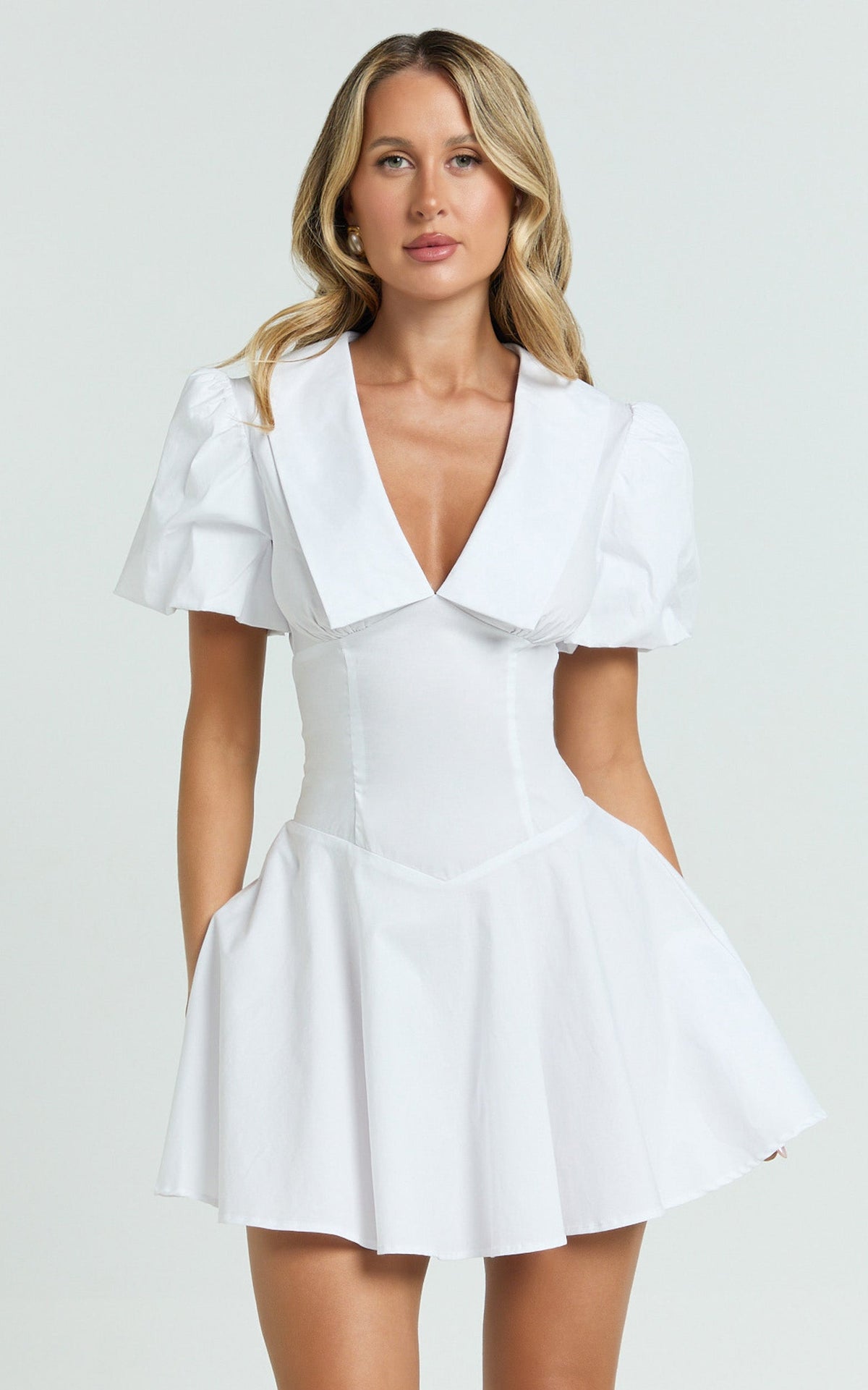 Lucy Mini Dress - Deep V Oversized  Collar Puff Sleeve A Line Dress in White
