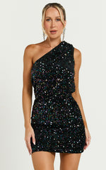 Lucy Mini Dress - One Shoulder Sequin Mini Dress in Black