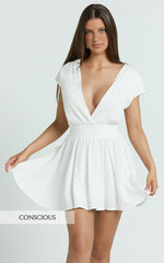 Luisa Mini Dress - Plunge Neckline Linen Blend Fit and Flare Dress in Off White