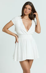 Luisa Mini Dress - Plunge Neckline Linen Blend Fit and Flare Dress in Off White