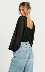 Lunara Bodysuit - Textured Ballon Sleeve Bodysuit in Black