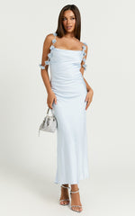 Lyka Midi Dress - Floral Straps Satin Dress in Light Blue