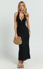 Lyla Midi Dress - Tie Front Plunge Halter Linen Blend Dress in Black