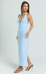 Lyla Midi Dress - Tie Front Plunge Halter Linen Blend Dress in Blue
