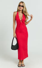 Lyla Midi Dress - Tie Front Plunge Halter Linen Blend Dress in Red