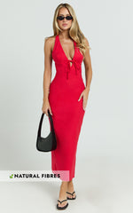 Lyla Midi Dress - Tie Front Plunge Halter Linen Blend Dress in Red