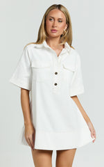 Lynda Mini Dress - Short Sleeve Collared Patch Pocket Shift Dress in Off White