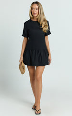 Lyons Mini Dress - High Neck Short Sleeve Drop Waist Gathered Skirt Dress in Black