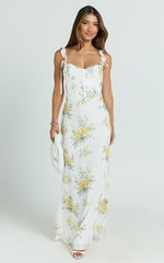 Mabel Maxi Dress - Georgette Frill Sleeve Sweetheart Bias Cut Dress in Antique Florals