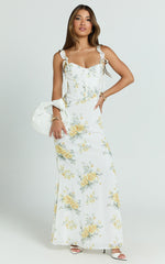 Mabel Maxi Dress - Georgette Frill Sleeve Sweetheart Bias Cut Dress in Antique Florals