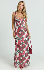 Mabel Maxi Dress - Georgette Frill Sleeve Sweetheart Bias Cut Dress in Rose Blanca