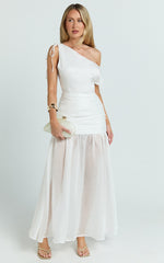 Mackenzie Maxi Dress - Tipped Shoulder Drop Waist Full Gathered Skirt Dress in White