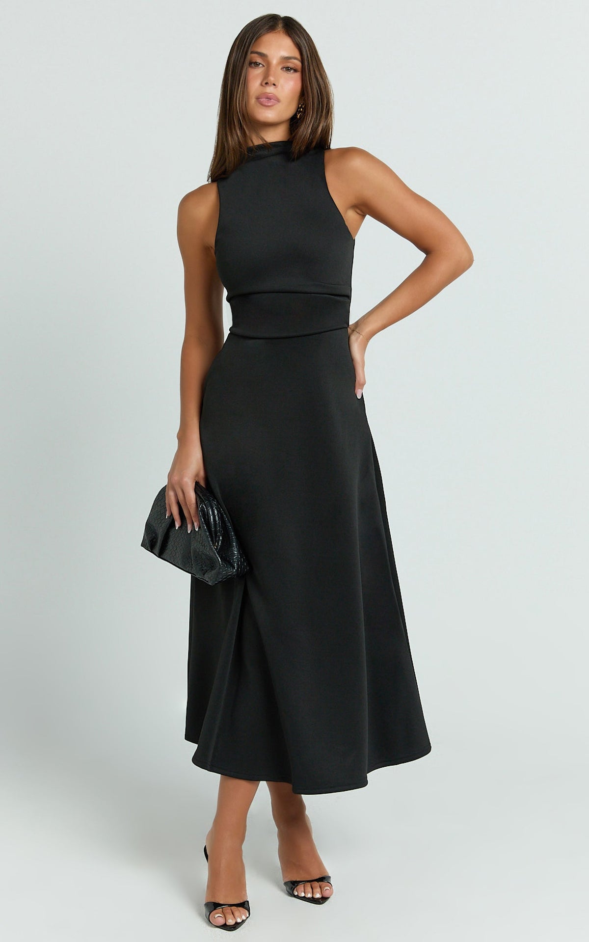 Macy Midi Dress - High Neck A Line Dress in Black