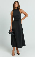 Macy Midi Dress - High Neck A Line Dress in Black