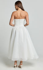 Madalyn Midi Dress - Strapless Sweetheart Bustier Dress in White