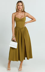 Maddie Midi Dress - Sweetheart Fit And Flare Gathered Dress in Khaki