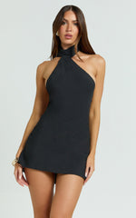 Maddox Mini Dress - Scarf Neck Low Tie Back Slip Dress in Black