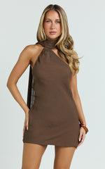 Maddox Mini Dress - Scarf Neck Low Tie Back Slip Dress in Brown