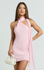 Maddox Mini Dress - Scarf Neck Low Tie Back Slip Dress in Pink